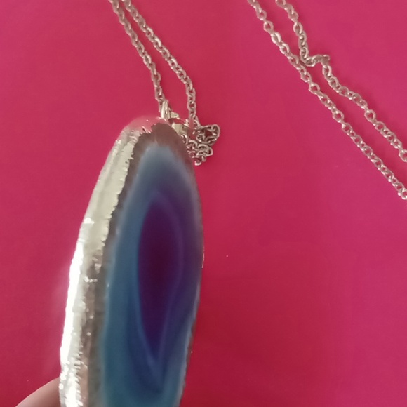 Large Teal blue agate stone necklace 24 inch box chain.silver tone. - Picture 8 of 10